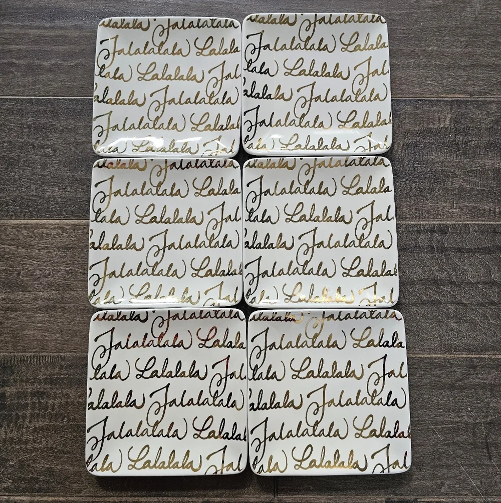 Pottery Barn Falalalala Set of 6 Gold & Cream Colored Appetizer Plates
